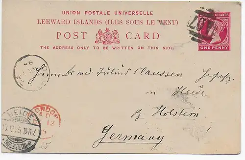 post card Leeward Islands via London to Heide/Germany, 1895