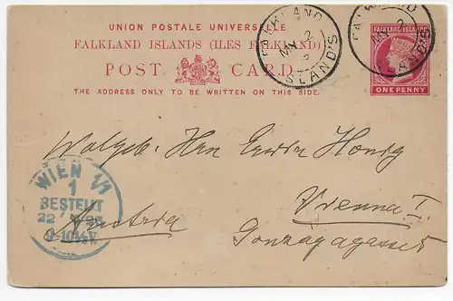 Post card Falkland Islands Port Stanley vers Vienne en 1895