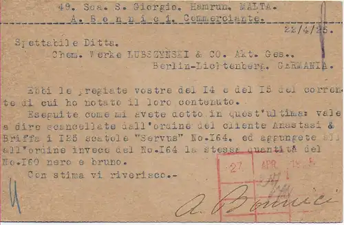 Carte postale Malte Hamrun, 1925 à Berlin