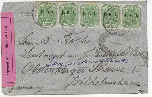 Transvaal 1901 nach Wilhelmshaven an Leutnant, Weiterleitung, Britische Zensur