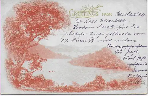 Greetings post card NSW,  Wahroonga via Sydney, 1899 to Unterhausen/Reutlingen