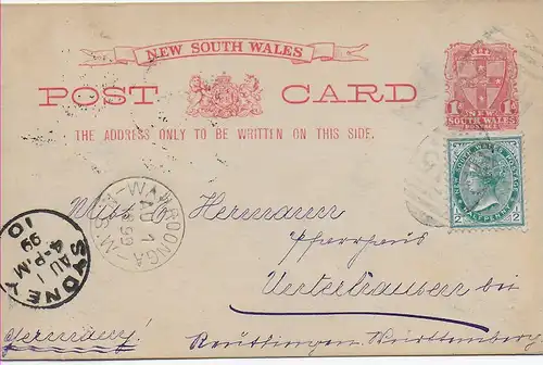 Greetings post card NSW,  Wahroonga via Sydney, 1899 to Unterhausen/Reutlingen