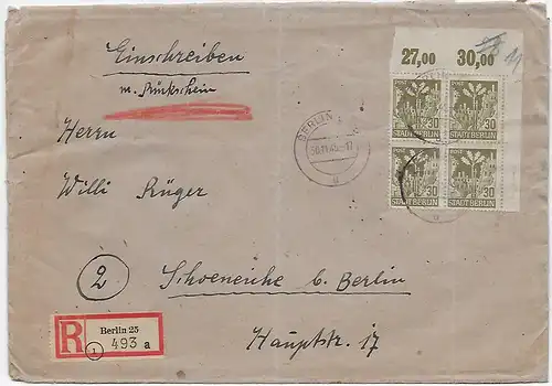 SBZ Lettre recommandé, accusé de réception Berlin, 30.11.45 vers Schöneiche, MeF, Eckrand