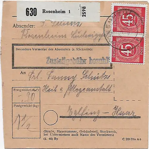 Carte de colis Rosenheim vers Eglfing-Haar, 1948, MeF