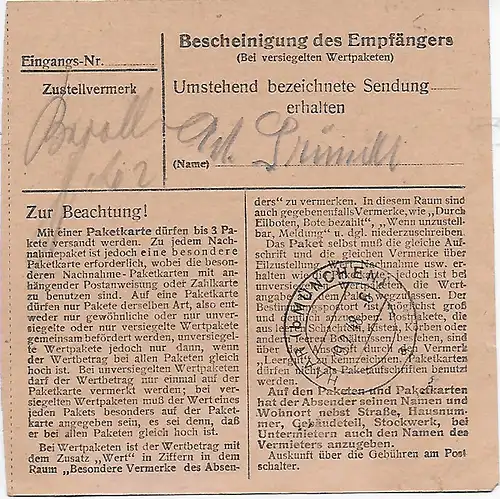 Carte de colis Rosenheim vers Eglfing-Haar, 1948, MeF