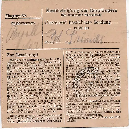 Paketkarte Rosenheim nach Eglfing-Haar, 1948, MeF