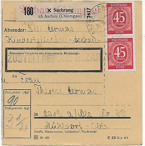 Paketkarte Sachrang nach Hart an der Sulz, 1948, MeF