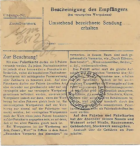 Paketkarte Sachrang nach Hart an der Sulz, 1948, MeF