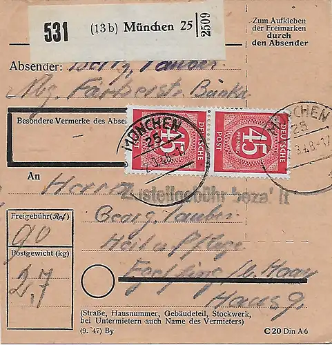 Paketkarte München nach Eglfing, Haar, 1948, MeF