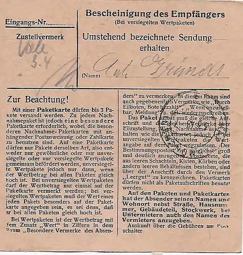 Paketkarte München nach Eglfing, Haar, 1948, MeF