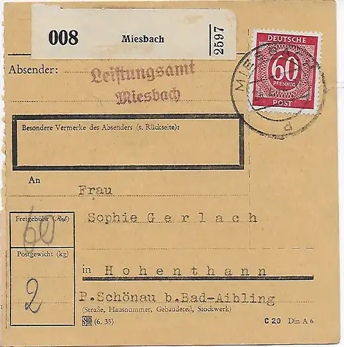 Paketkarte Miesbach, Leistungamt nach Hohenthann, 1948, EF