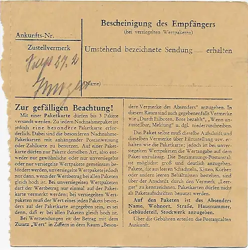 Paketkarte Miesbach, Leistungamt nach Hohenthann, 1948, EF