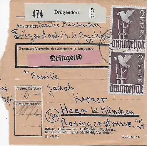 Carte de colis Drügendorf, Urgent pour les cheveux, MeF, marque endommagée