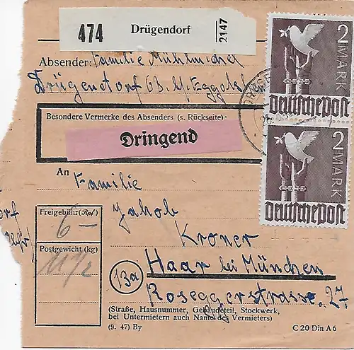 Paketkarte Drügendorf, Dringend nach Haar, MeF, Marke beschädigt
