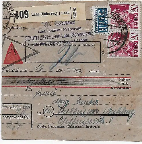 Paketkarte Schütterzell Lahr/Schwarzwald nach Tailfingen, Agenturstempel