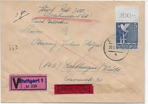 Lettre de valeur Stuttgart comme messager d'urgence à Reutlingen, 1948