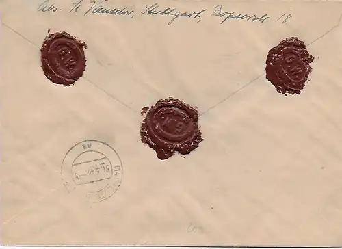 Lettre de valeur Stuttgart comme messager d'urgence à Reutlingen, 1948