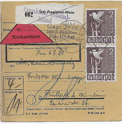 Paketkarte Nachnahme Frankfurt-Nied nach Pullach, 1948, MeF