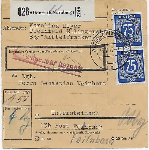 Carte de paquet Altdorf/Nürnberg vers Untersteinach, 1947, MeF