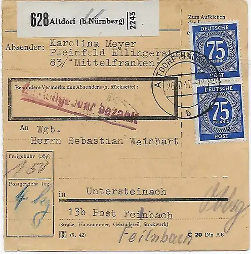 Paketkarte Altdorf/Nürnberg nach Untersteinach, 1947, MeF