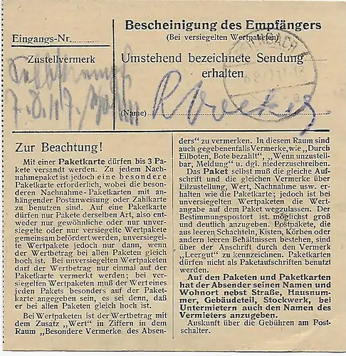 Paketkarte Tegernsee nach Feilnbach, 1947, MeF