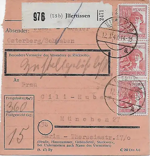 Carte colis Illertissen vers Munich, 1948, MeF, Tampon d'agence