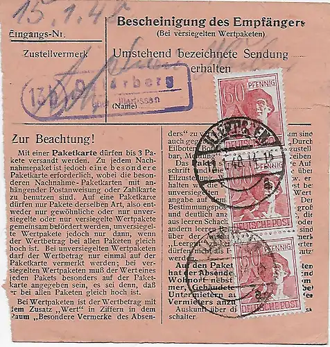 Carte colis Illertissen vers Munich, 1948, MeF, Tampon d'agence