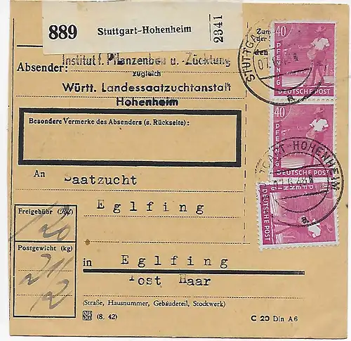 Carte de colis Stuttgart Hohenheim, Landessämmerung d'après Eglfing, MeF 1948