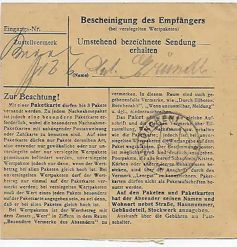 Carte de colis Stuttgart Hohenheim, Landessämmerung d'après Eglfing, MeF 1948