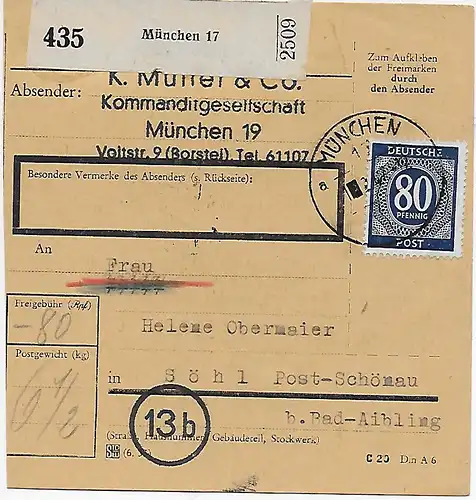 Carte de paquet Munich vers Söhl/Schönau EF 1948