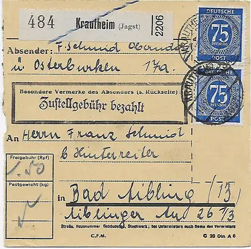 Paketkarte Krautheim/Jagst nach Bad Aibling MeF 1948