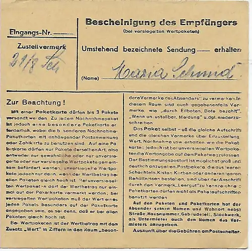 Paketkarte Krautheim/Jagst nach Bad Aibling MeF 1948