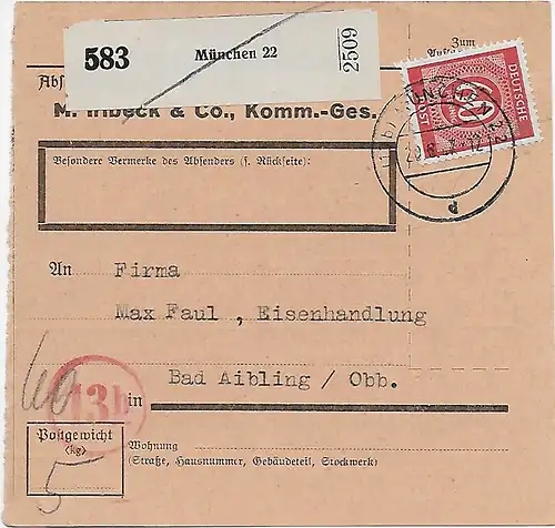 Paketkarte München nach Bad Aibling EF 1947