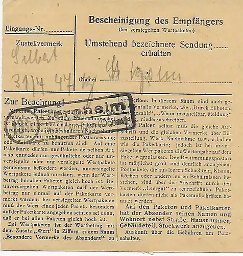 Carte de colis Dillingen vers Feilnbach bei Bad Aibling MeF 1947, Agence Bergheim