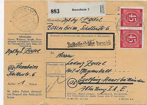 Carte de colis Rosenheim vers Egelfing près de Munich, 1948, MeF