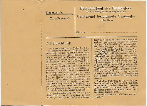 Paketkarte Rosenheim nach Egelfing bei München, 1948, MeF