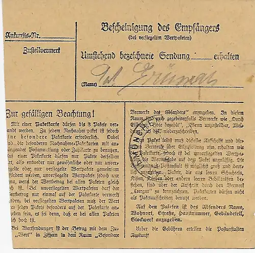 Paketkarte Malgersdorf nach Haar, 1947, MeF