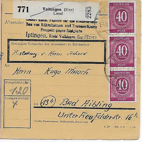 Paketkarte Vaihingen nach Bad Aibling, 1947, MeF