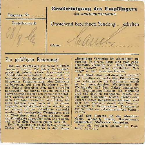 Paketkarte Vaihingen nach Bad Aibling, 1947, MeF