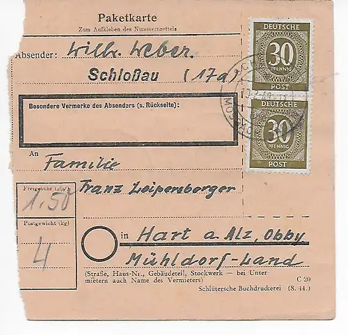 Carte colis Schlossau Mosbach vers Hart a. Alz, Mühldorf, 1948, MeF