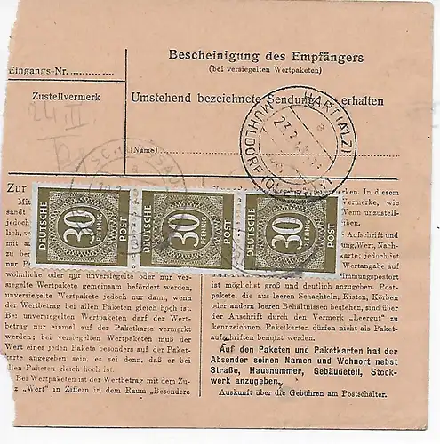 Paketkarte Schloßau Mosbach nach Hart a. Alz, Mühldorf, 1948, MeF