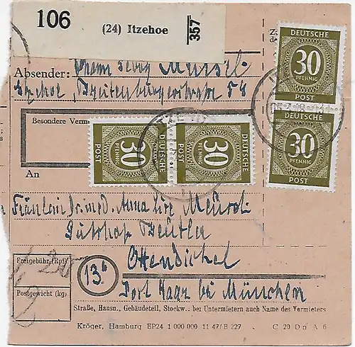 Paketkarte Itzehohe nach Ottendickel/Haar, 1948, MeF
