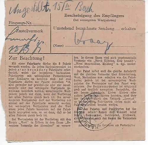 Carte de paquet Itzehohe vers Ottendickel/Haar, 1948, MeF