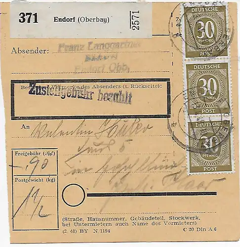 Paketkarte Endorf/Oberbayern nach Haar, 1948, MeF
