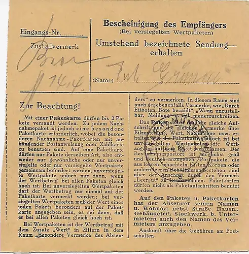 Paketkarte Endorf/Oberbayern nach Haar, 1948, MeF