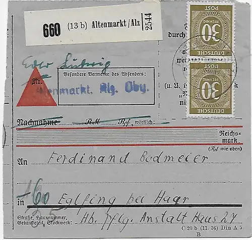 Paketkarte Altenmarkt/Alz, Nachnahme nach Eglfing 1948, MeF