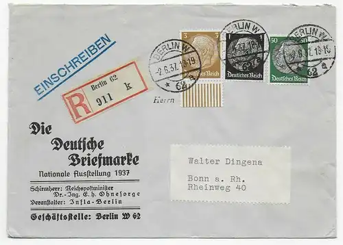 Berlin Einscheiben Nationale Ausstellung 1937 Die Deutsche Briefmarke nach Bonn
