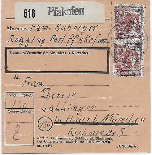Paketkarte Rogging, Pfakofen nach Haar 1948, A49 II, MeF