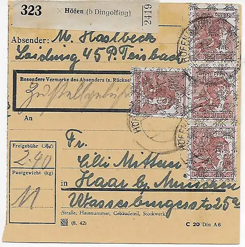 Paketkarte Höfen bei Dingolfing nach Haar, MeF, A49 II, 1948