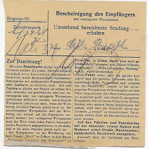 Paketkarte Höfen bei Dingolfing nach Haar, MeF, A49 II, 1948